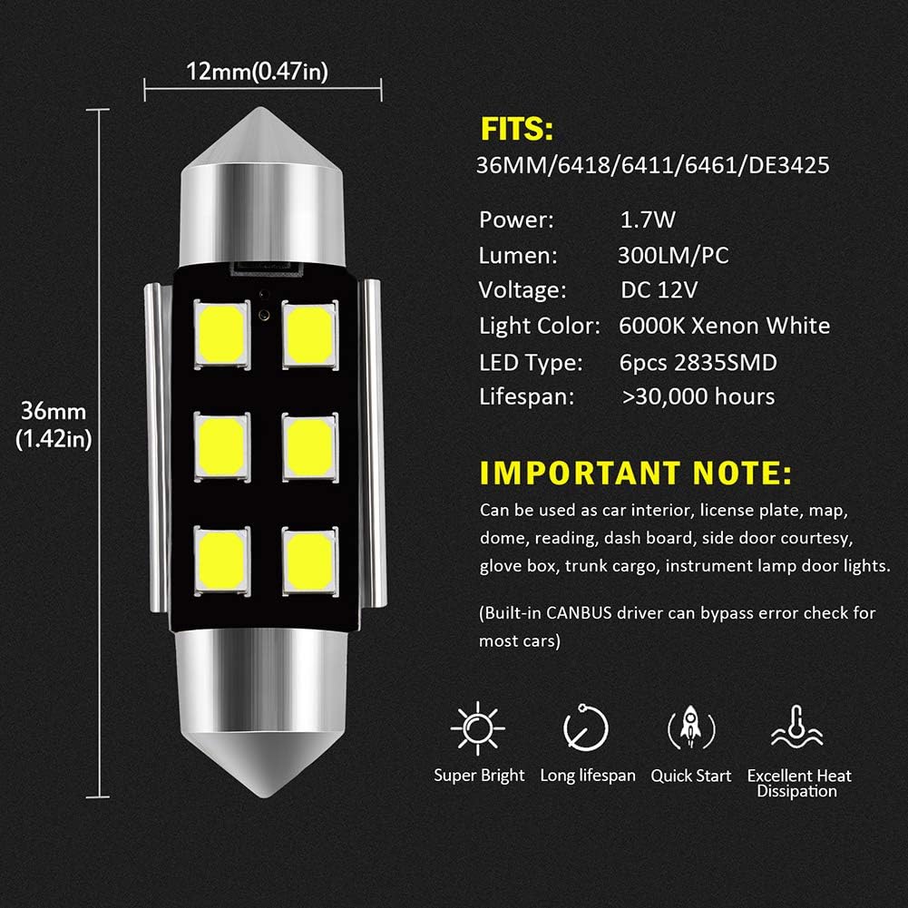 AUXLIGHT 6418 6411 DE3425 C5W DE3423 36MM 1.42”Festoon Canbus Error Free LED Interior Light Bulbs 6000K Xenon White, Super Bright 6SMD Chips for