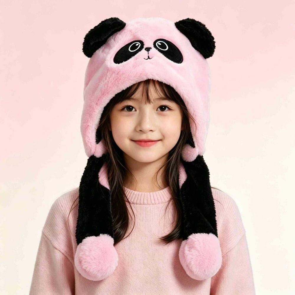 Thick Panda Plush Hat Polyester Cartoon Warm Hat Cute Moving Ear Hat  For Boys