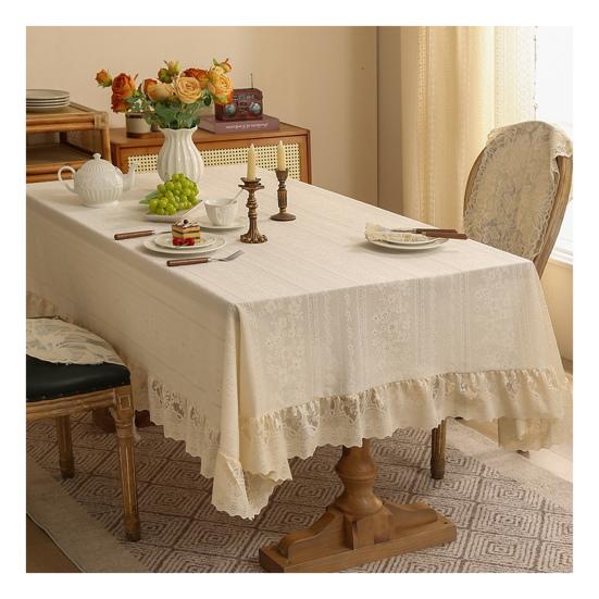 Stary obrus z koronkowymi falbankami Rustykalny haftowany na urodziny, wesele, bufet Tkanina Obrus Zmywalny Francuska Dekoracja Imprezowa Jadalnia