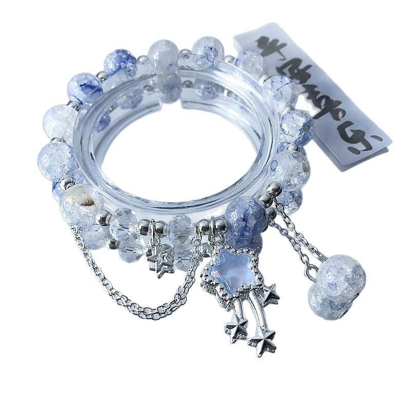 Forest Style Sweet Meteor Glass Bracelet Sky Blue Visible White Versatile Handstring Unique Crystal Beads