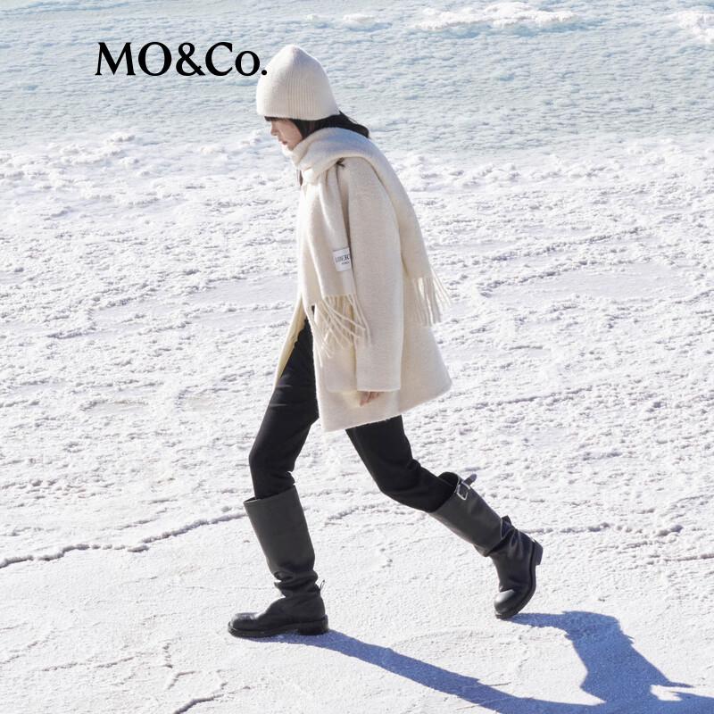 MO&Co. Alpaca Wool Blend Round Neck Mid-Length Coat with Scarf