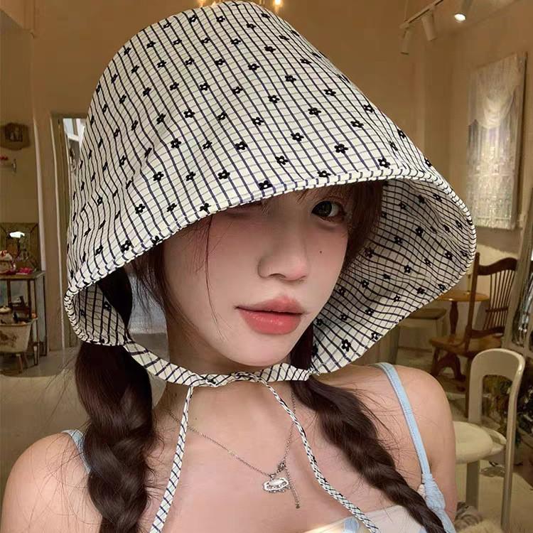 Simple Plaid Floral Fisherman Hat for Women, French-style Large Brim Sun Hat for Spring and Summer, Outdoor Face-shading Sun Protection Bucket Hat