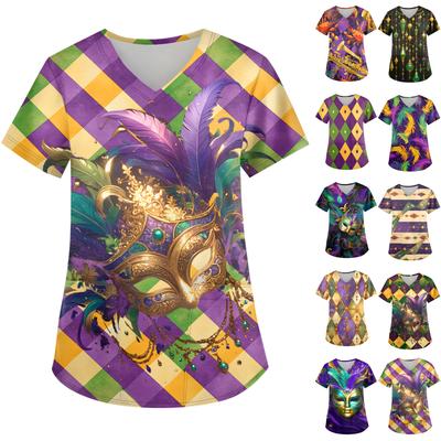 Ladies' Carnival Printed Fashion V-neck Pocket Short Sleeved Nurse's Wear And Worker's Top