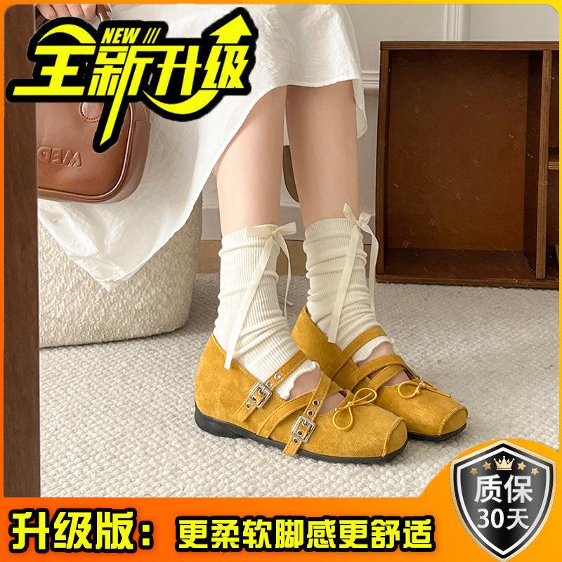 French women's ballet shoes summer new retro bow inner height increase single shoes cross strap Mary Jane shoes women