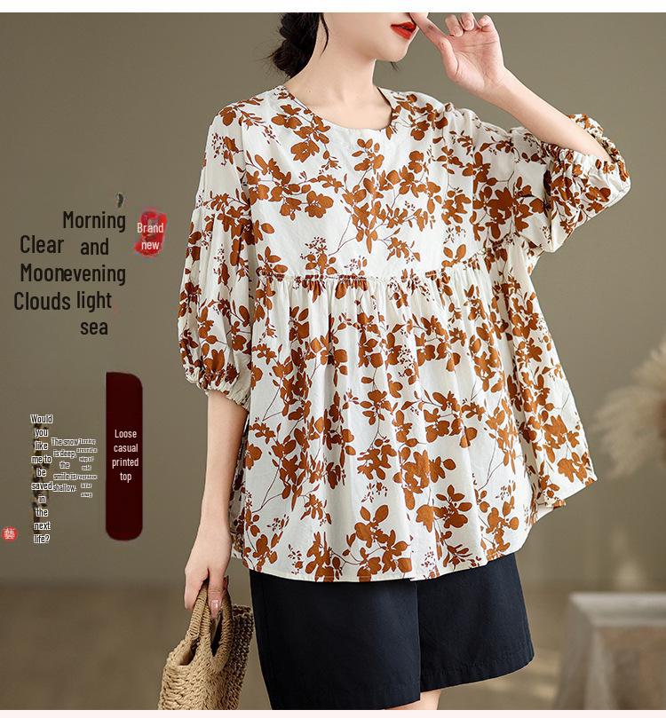 2024 Women's Loose Leaf Print Slim T-Shirt - Round Neck, Lightweight, and Comfortable