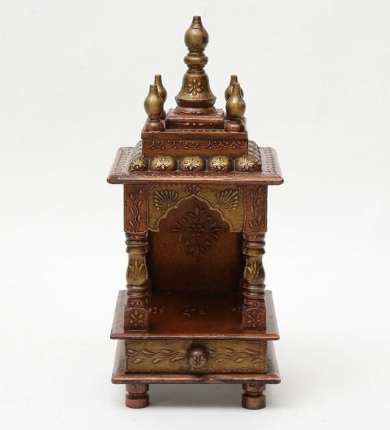 Handmade Wood Mandir: Antique Copper Embossed Wall Shrine