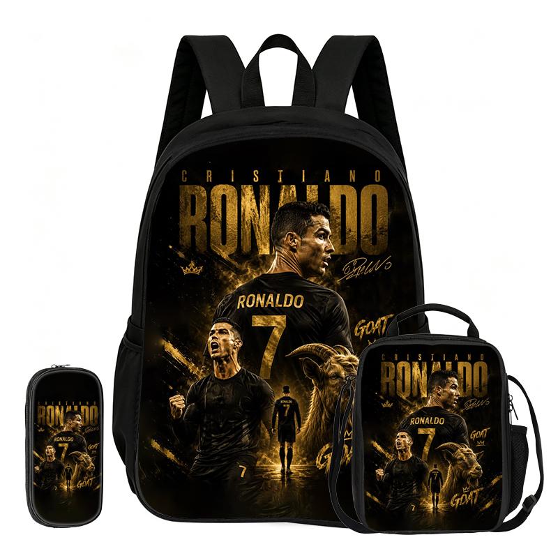 Zaino Sportivo Calcio Set 3 Pezzi Ronaldo Zaino Scolastico Imparare, Borsette da Viaggio per Matite, Borsa Pranzo, Zaino Stella del Calcio