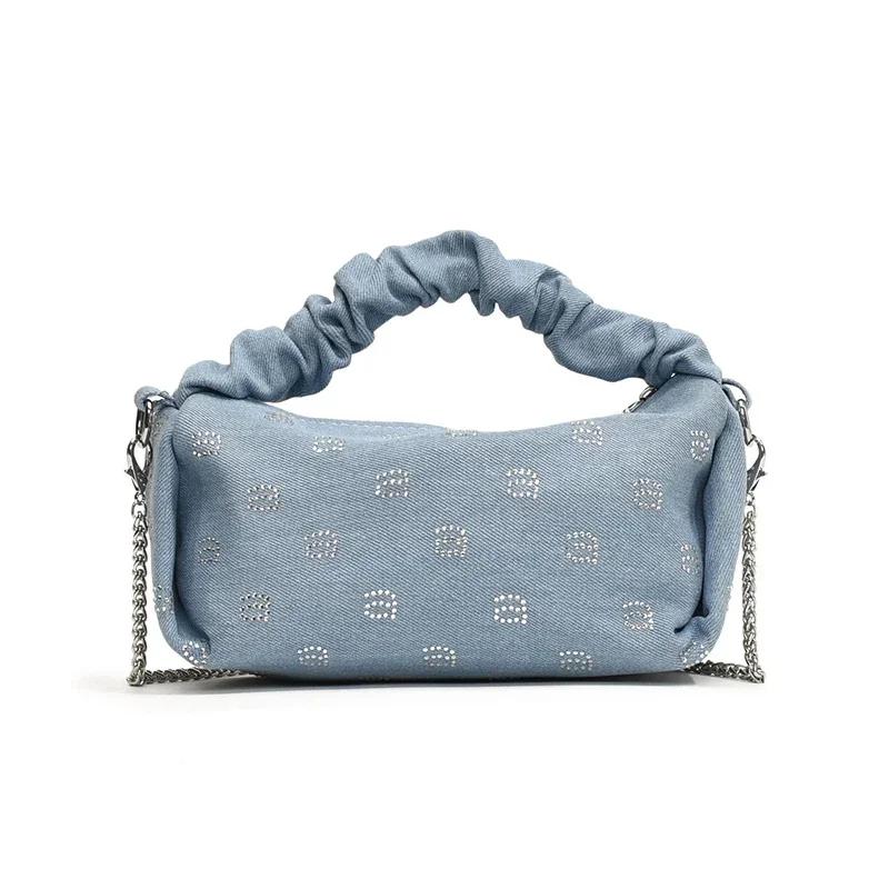 Modische leichte Luxus-Denim-Kettenriemen-Tasche mit Reißverschluss, Crossbody-Tasche 2026, Heißer Verkauf, Zerkleinerter Diamant, Beliebte Damen-Umhängetasche