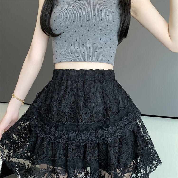 Sweet Lace Tiered Midi Skirt Women's Summer High Waist Slimming A-Line Princess Puff Short Skirt
