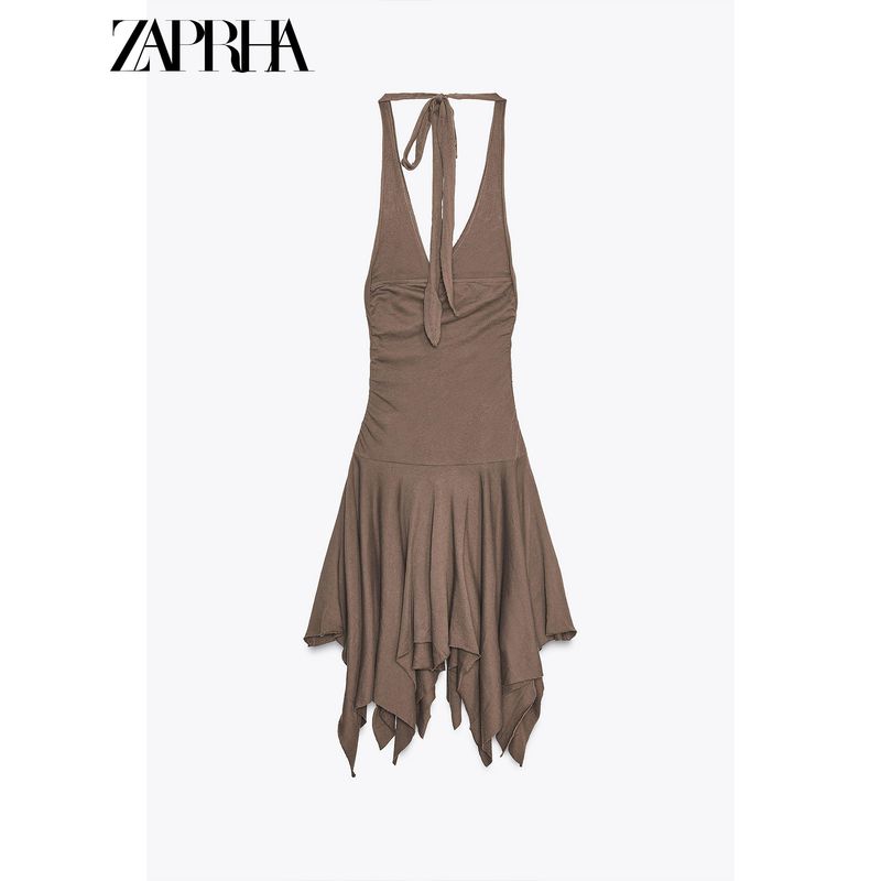 Zaprha 2025 Summer New Elegant Neck Collar Bow Backless Asymmetric Dress 4174814