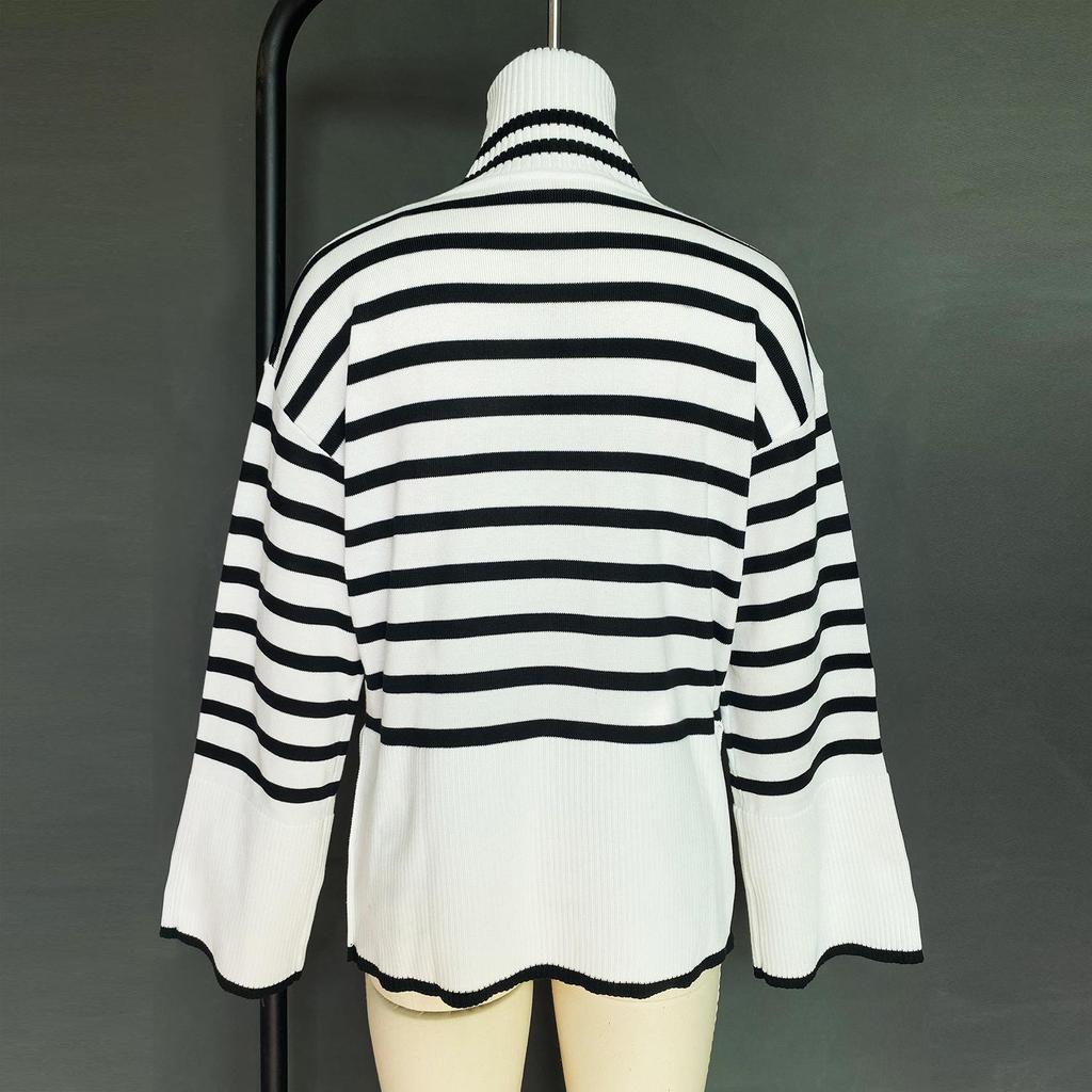 Women Fall Winter Turtleneck Long Sleeve Knit Striped Slit Loose Sweater