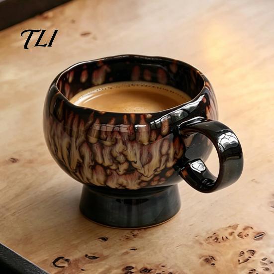 Vintage Style Afternoon Tea Mug Ceramic Coffee Mug, Reactive Glaze Latte Cup with Flow Pattern, Heat Resistant Hot Chocolate High Footed for