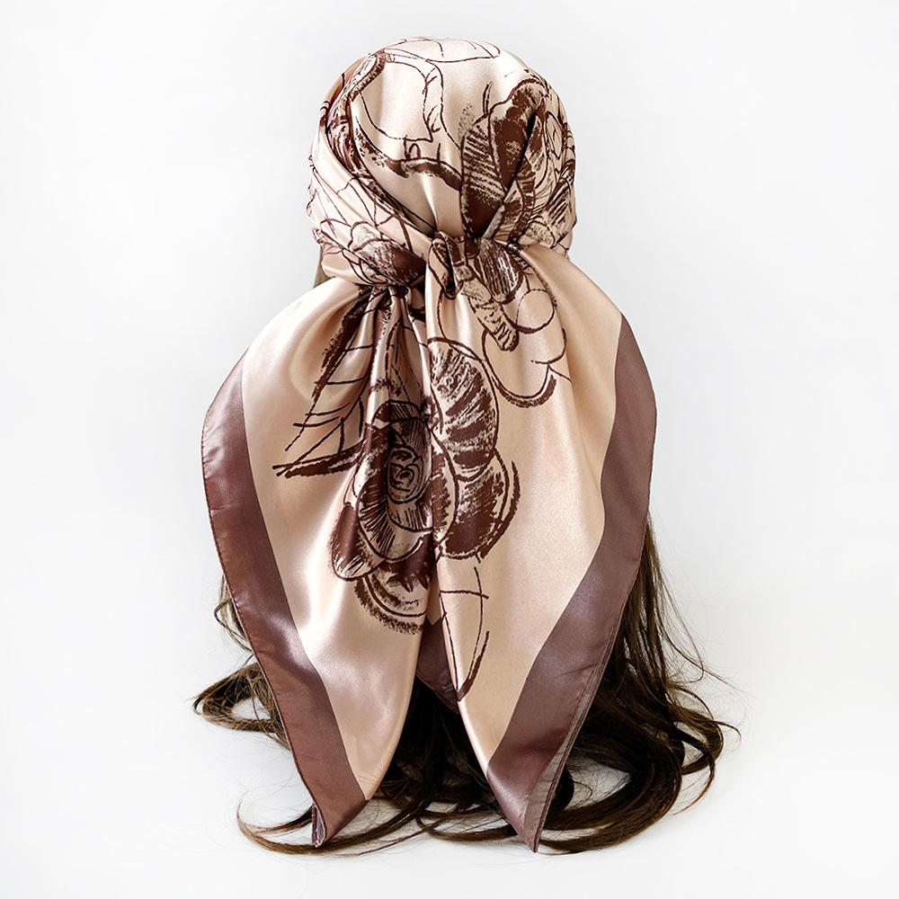 90cm Rayon Satin Scarf – Camellia Print Headscarf: A Trendy, Versatile Shawl for Women