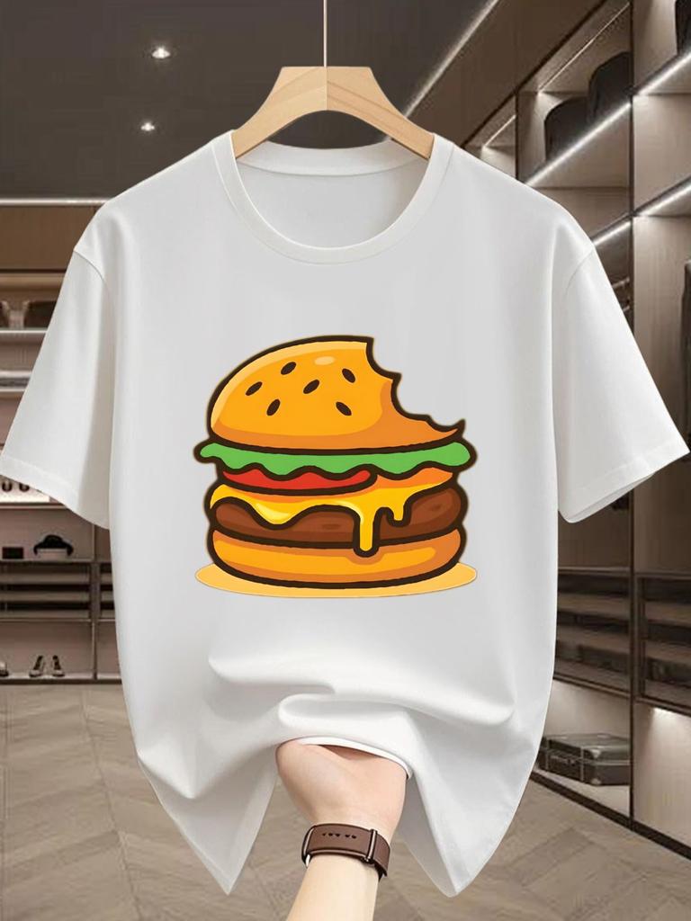 Bright Yellow Bitten Cheese Hamburger Cartoon Graphic Unisexs Short Sleeve Tee Crew Neck Fast Food Casual Daily Soft Comfort Top