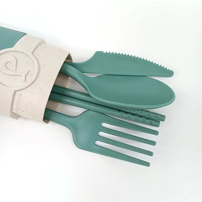 Portable Reusable Spoon Fork Travel Picnic Chopsticks Wheat Straw Tableware Cutlery Set With Carrying Box For Student Office