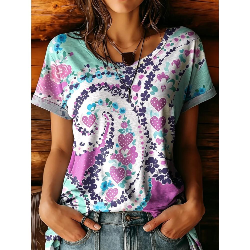 Women's Multicolor Floral Paisley Round Neck T-Shirt, Short Sleeve Casual Tops, Boho Daily Wear for Spring Summer