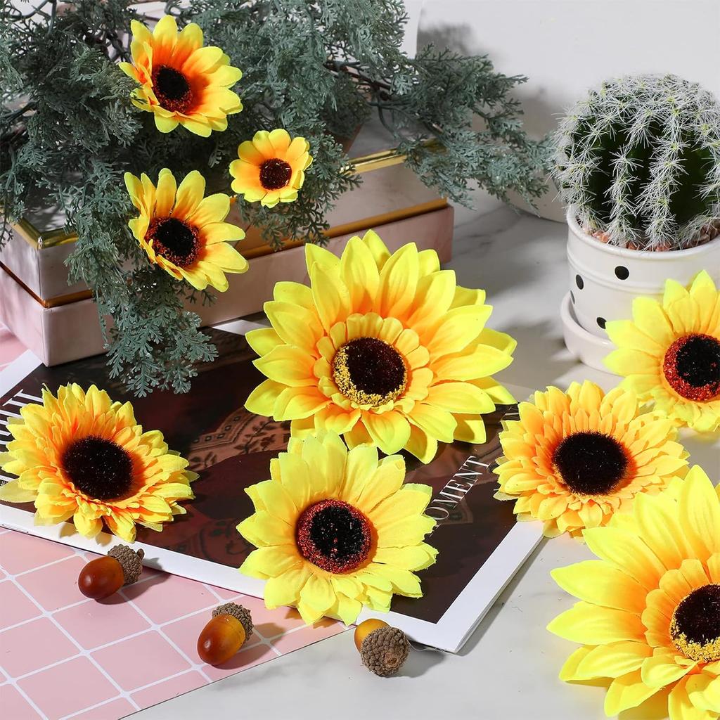 MTLEE 150 Pieces Fake Sunflower Artificial Silk Sunflower Heads Faux Flowers Decoration Yellow Floral Arrangements for Craft Home Party Wedding