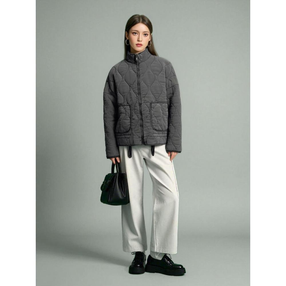 Chaqueta Acolchada Corta para Mujer con Cuello Alto, Manga Larga, Corte Holgado, Estilo Urbano, Cremallera Frontal, Ropa de Abrigo Informal