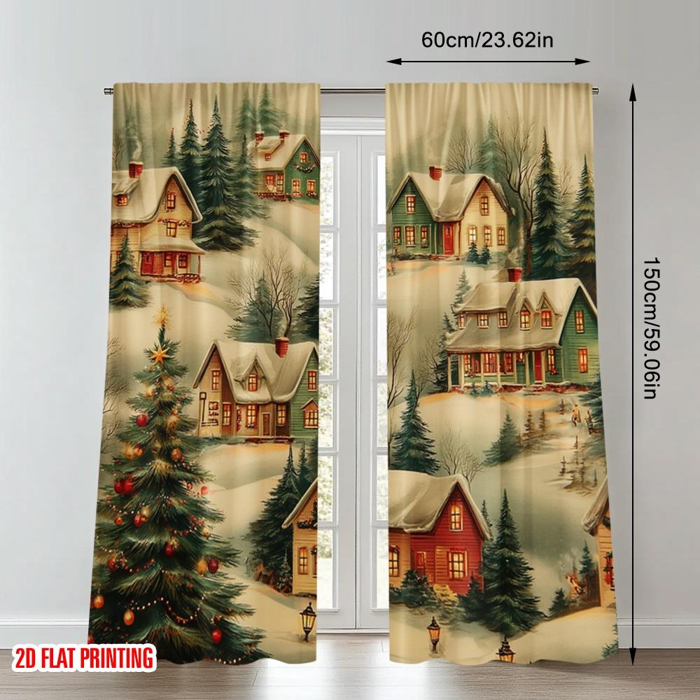 2pcs 2D flat printing Merry Christmas Trendy Curtains Cozy Snow Village Houses Digital Printed Polyester Drapes Family Party Use