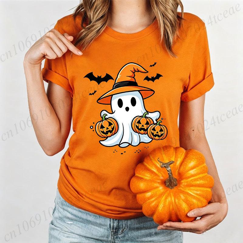 Halloween Schattige Geest Heksenhoed Print T-shirt voor Dames Cartoon Pompoen Vleermuis Grafische Tee Herfst Casual T-shirt Halloween Kostuum Tops