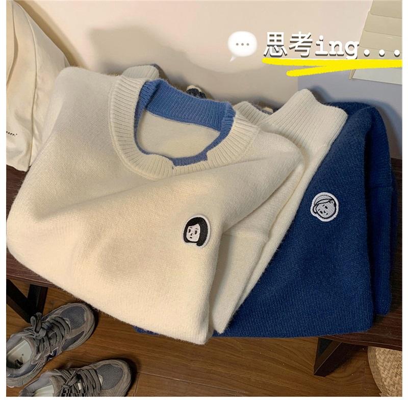 Men's Fake Two Piece Knit Sweater Crew Neck Casual Embroidered Pullover
