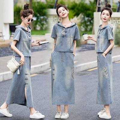Female Embroidery Cowboy Skirt 2PCS Summer Women Hooded Skirts Outfit Retro Ladies Leisure Short Sleeve Two-piece Suit