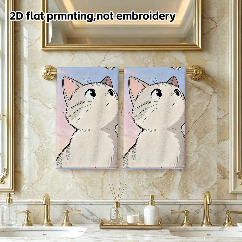 Anime Cat And Butterfly Print Towel, Soft Absorbent Bath Towel for Kids