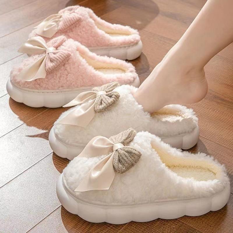 Cotton slippers women's autumn and winter confinement indoor home non-slip thick-bottomed bow plush cotton slippers