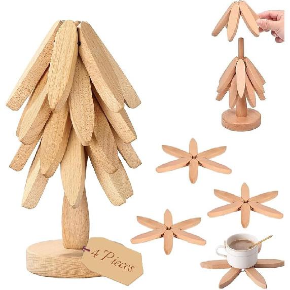 Wooden Trivets for Hot Dishes, Tree Shape Trivet Set,Trivets for Hot Dishes, 4 Wooden Trivets + 1 Stand Stored Like a Christmas Tree (Natural)