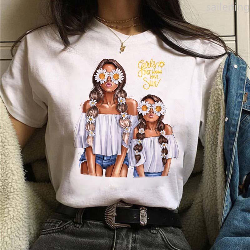 Women T-shirts Cute Mom and Daughter Black Summer Short Sleeve Female Tops Summer Sleeved Harajuku Streetwear Tops Tees