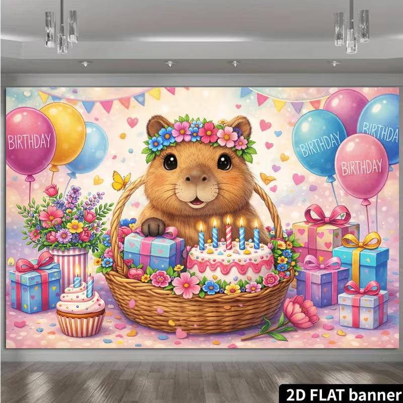 2D Flat Printing Capybara Birthday Backdrop for Girls' Party & Photo Shoot