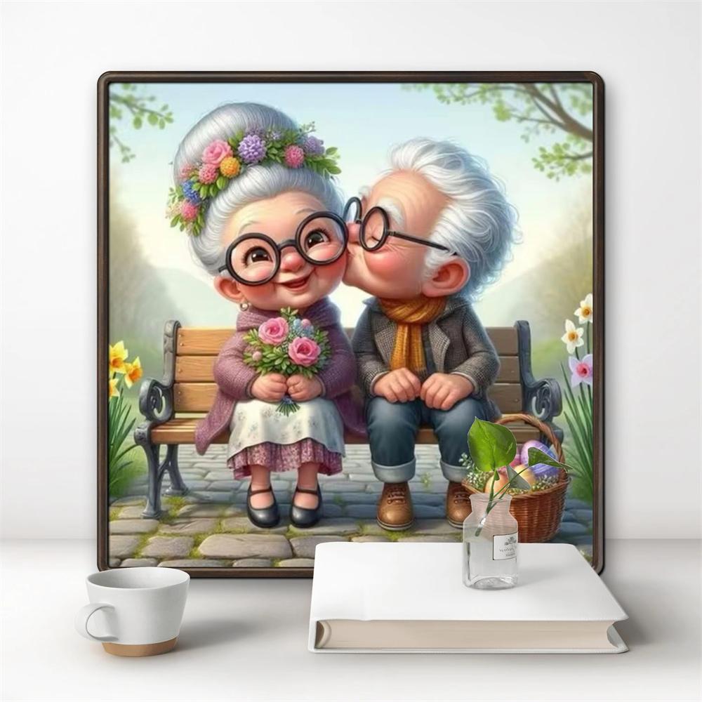 Cartoon Happy Old Couple 5D Full Round Diamond Painting Kits, Cute Grandma and Grandpa DIY Drills Mosaic Embroidery Cross-stitch