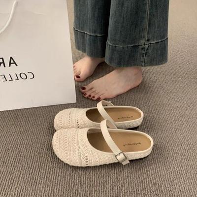 Retro Mori Woven Baotou Half Slippers Women's Summer Outer Wear Bohemian One-pedal Hollowed-out Thick-soled Half Slippers