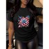 Womens Black White Floral Fantasy Tee Star-Crowned Blossom Eagle Emblem Liberty Star Stars Stripes Freedom Wings American Spirit Pure