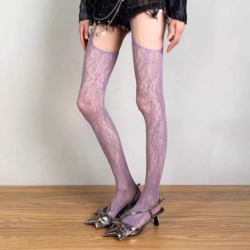 Lolita Sweet Girls Punk Style Floral Tights Colorful Thigh High Stockings Sheer Fishnet Suspender Tights Garter Belt Pantyhose