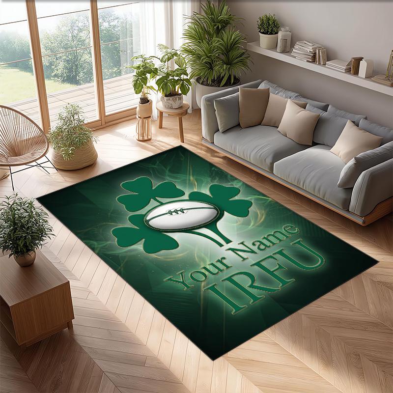 Ireland Rugby Crystal Velvet Rug, Custom Name Text Personalized Non‑Slip Floor Mat for Home Decor Gift