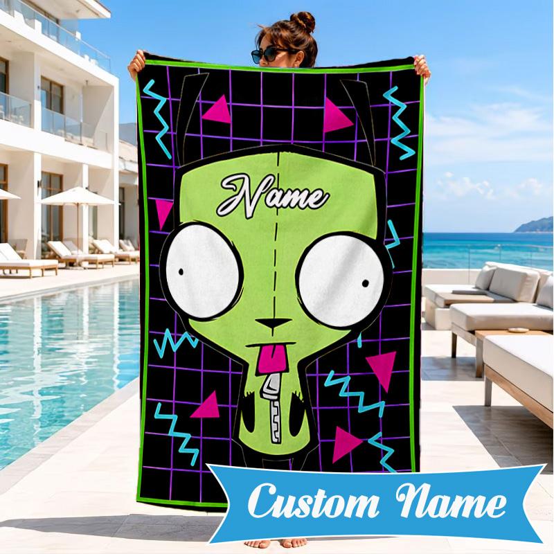 Custom Name Cartoon Alien Heart In Space Adventure Microfiber Beach Towel, Lightweight for Summer Travel, Swimming Pool Fan Gift