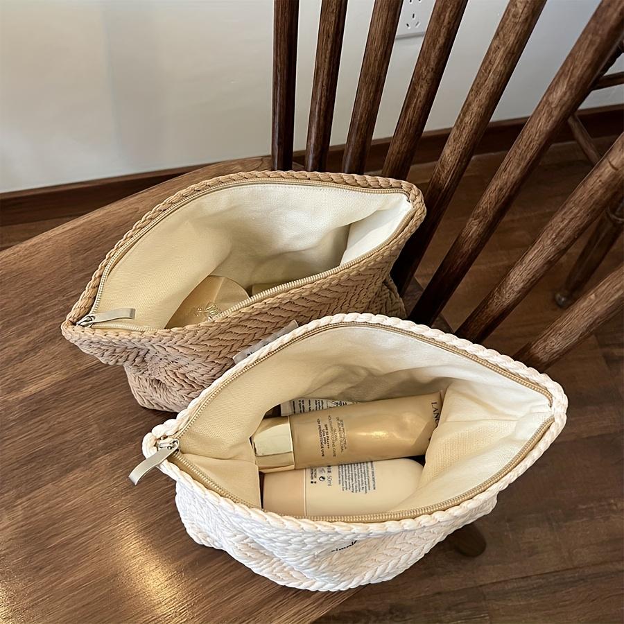 Elegant Wheat Pattern Woven Fabric Handbag-Zippered Makeup Pouch,Compact Square Design for Travel & Daily Use, Storage Accessory