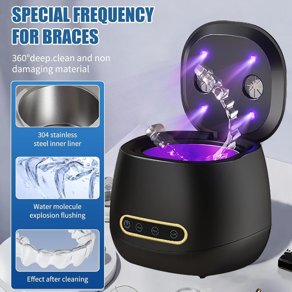 Macchina Pulitore Ultrasonico per Apparecchi Dentali 2025, Pod Pulizia Dentale 45kHz per Dentiera, Paradenti, Bite Notturno, Allineatore, Apparecchi Ortodontici, Testine Spazzolino da Denti,