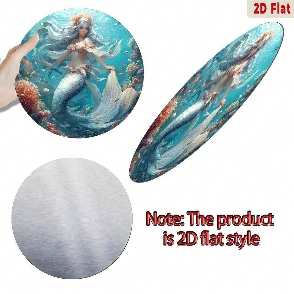 Vintage Mermaid Aluminum Sign, Round Coral Reef Wall Decor, Undersea Metal Plaque