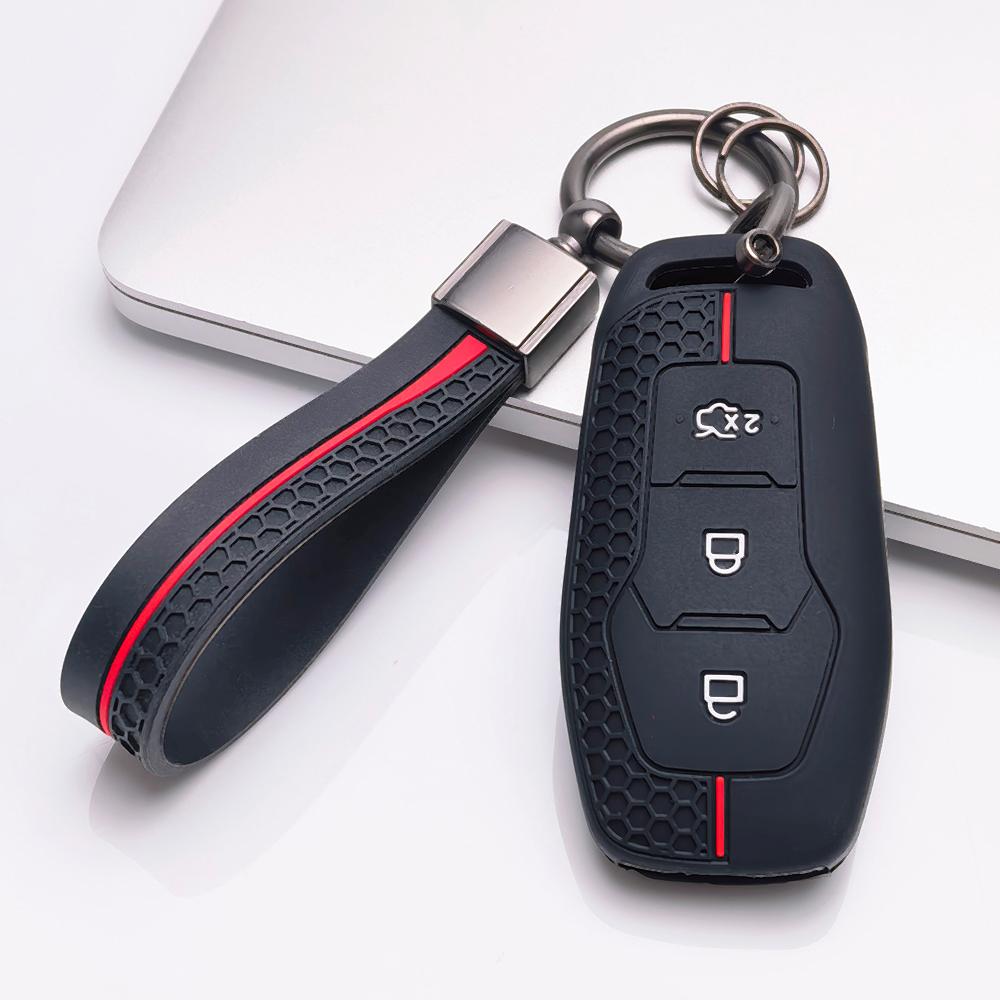 Silicone Key Cover with Keychain for Ford 3 Button Smart Key, Fits Ford Focus Mondeo Kuga Escape MK4 Mustang Against Non-Slip Honeycomb Grip