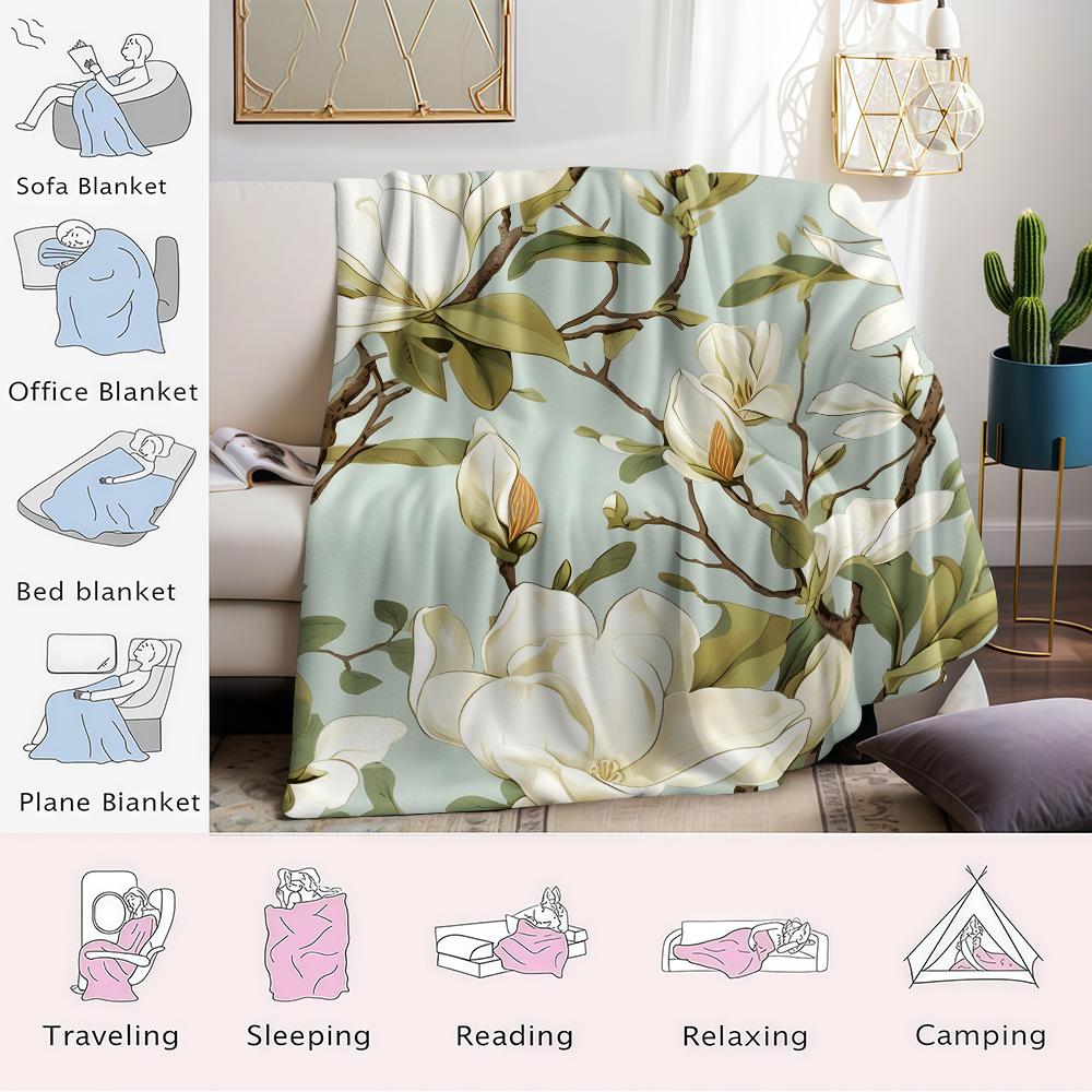 Magnolia On Light Blue Flannel Blanket Warm Soft Halloween Christmas Couch Warm Cozy Decorative Decor Gift for All Season