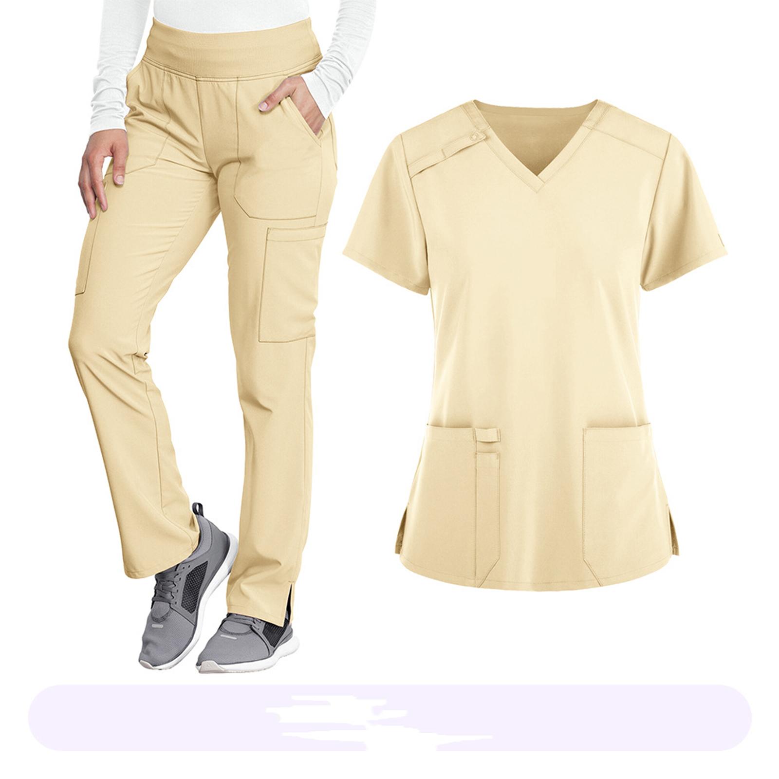 

Women s Loose And Comfortable V-neck Short Sleeved Workwear With Top And Beauty Suit Set XL бежевий