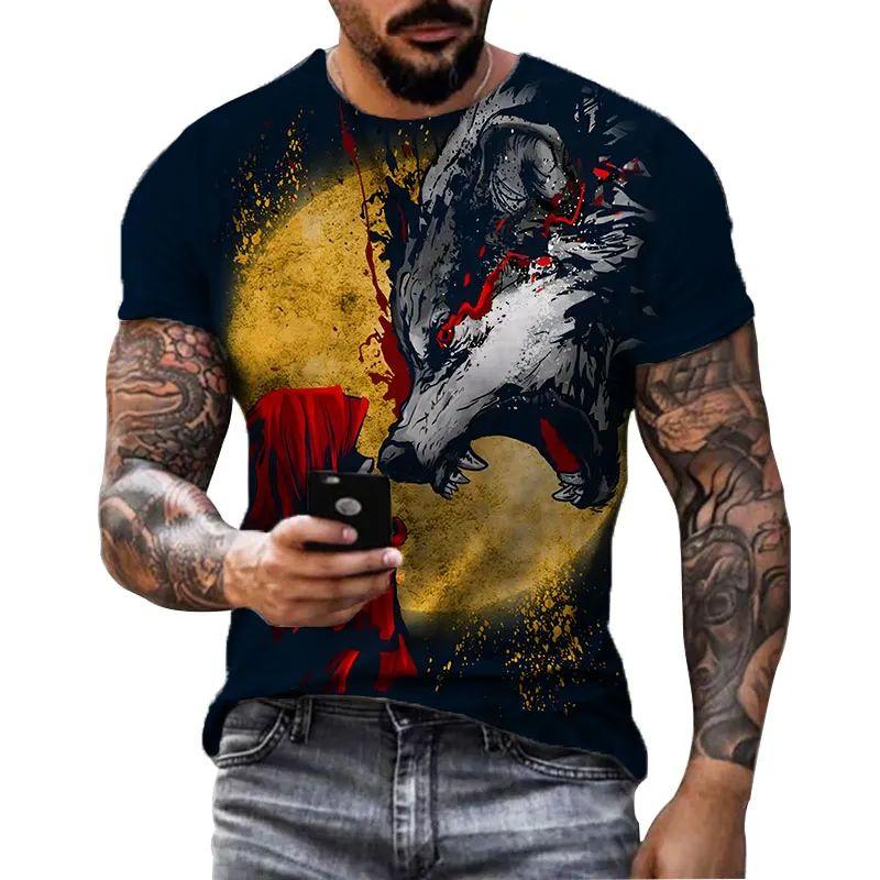 Summer Men Fun Daily Loose Wolf Pattern 3d Printed O Collar Short Sleeve T-Shirt Personality Street Plus Size Breathable Top