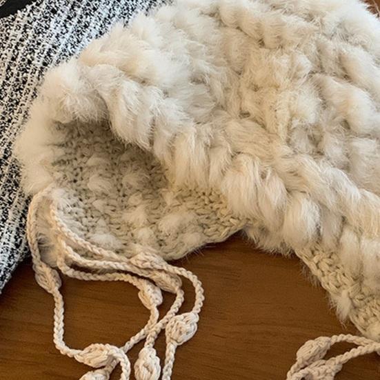 Women Hat Solid Color Rabbit Fur Blend Tassel Knit Hat Comfortable Stretch Fit Autumn Winter Skiing Warm Hat