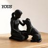 Abstract Pet And Owner Art 3D Printed Girl with Dog Figurine, Minimalist Squatting Sculpture for Home Modern Humanoid Figurine Decor, Healing