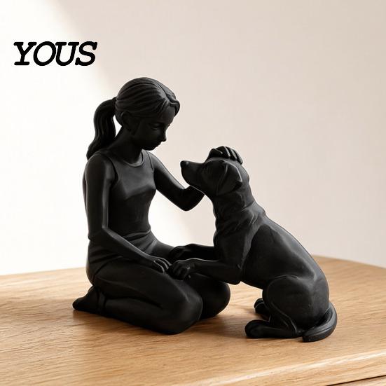 Abstract Pet And Owner Art 3D Printed Girl with Dog Figurine, Minimalist Squatting Sculpture for Home Modern Humanoid Figurine Decor, Healing