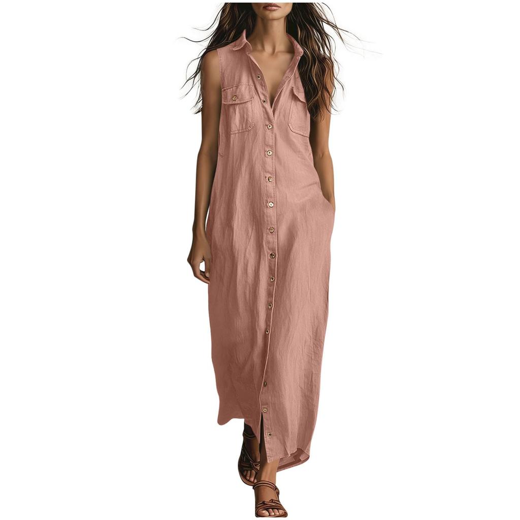 Women's Fashionable Lapel Button Loose Bohemian Vacation Beach Dress With Pockets