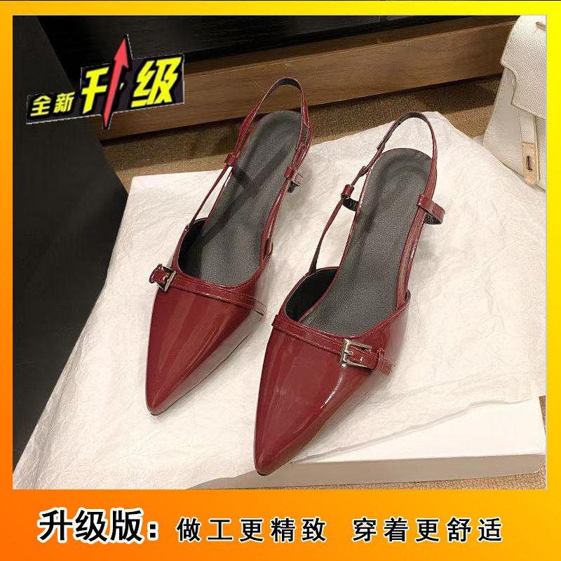Retro Thin Heel Empty Single Shoes Burgundy Temperament Pointed Head Patent Leather Medium Heel Bag Head Sandals Women's 2025 Winter New Models