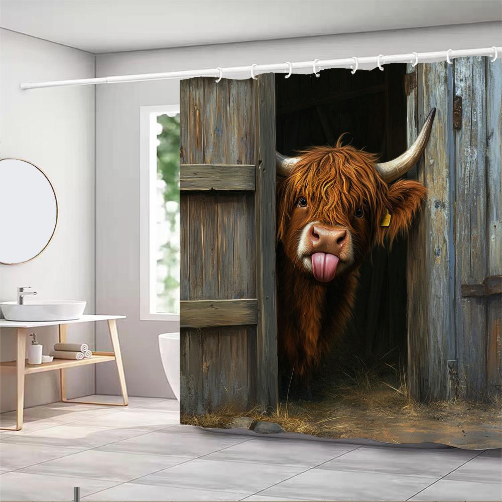 Monika Chen Funny Highland Cow In Barn Shower Curtain Waterproof Easy To Clean Privacy Protection Print Farm Animal Art Design Rustic12kooks